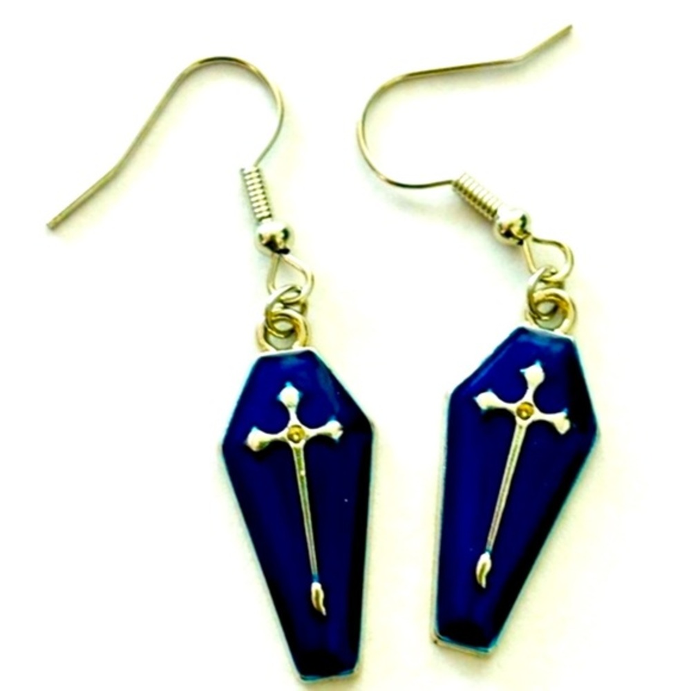 Blue and Silver Coffin Earrings, NWT, Unworn